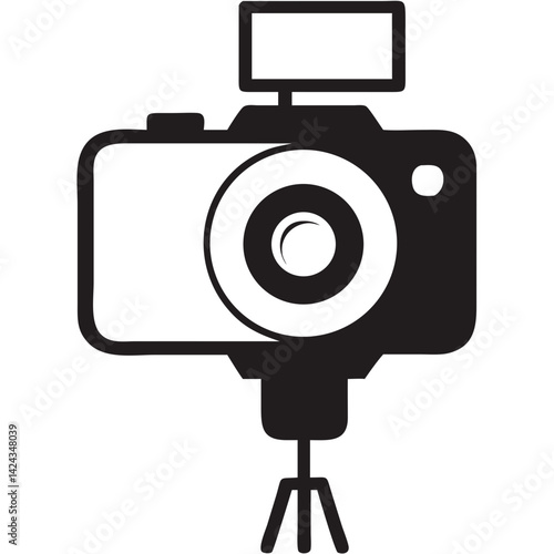 A professional camera poised on a tripod, ready to capture life's precious moments, showcasing its sleek design and built-in flash.
