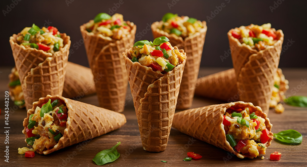 Fototapeta premium Savory Waffle Cones Filled With Vegetables and Chicken On Wooden Table