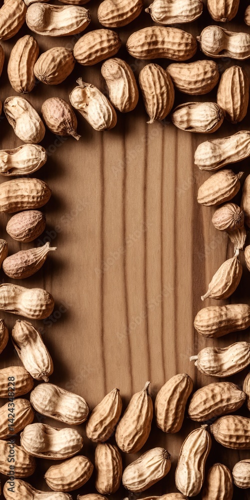 Peanuts on wooden table. Frame form copy space. Top view flat lay