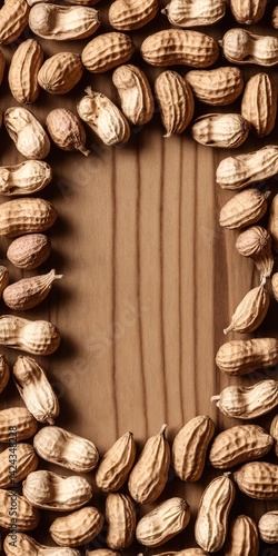 Obraz na płótnie Peanuts on wooden table. Frame form copy space. Top view flat lay w salonie