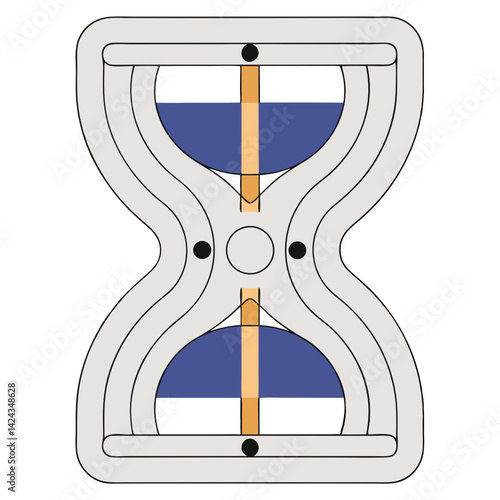 The relentless flow of time, a stylized hourglass design in muted grey and blue tones.