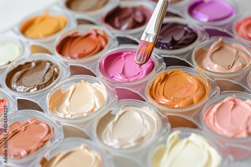 Naklejka premium Close-up of a colorful paint palette with a paintbrush