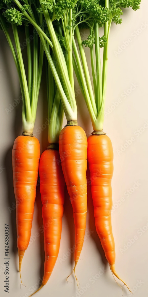 Image of Fresh Organic Carrots with Green Tops on Neutral Background – Ideal for Healthy Food Ads, Packaging, Editorial Use, and Farm-to-Table Concepts Image of Fresh Organic Carrots with Green Tops on Neutral Background – Ideal for Healthy Food Ads, Packaging, Editorial Use, and Farm-to-Table Concepts