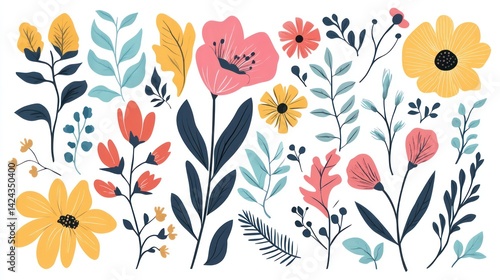 Colorful floral elements, design, spring, white background, illustration