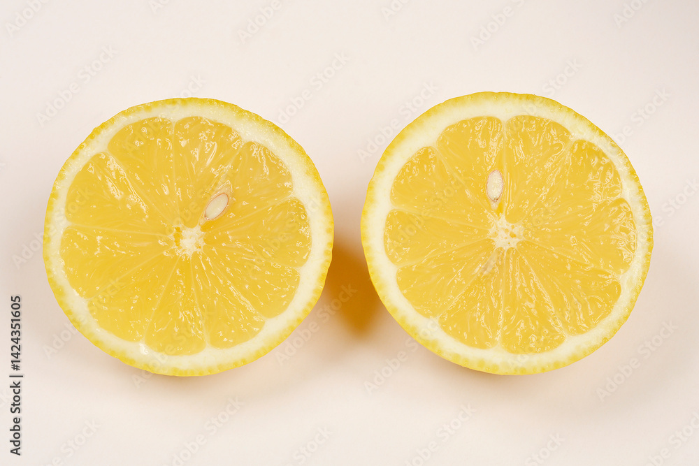 Two halves of a bright yellow lemon are positioned side-by-side on a light surface, showcasing their juicy pulp and segments