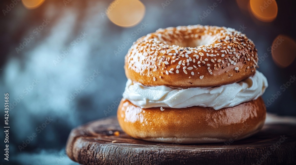 Close-Up of a Bagel with Cream Cheese on Wooden Board Close-Up of a Bagel with Cream Cheese on Wooden Board
