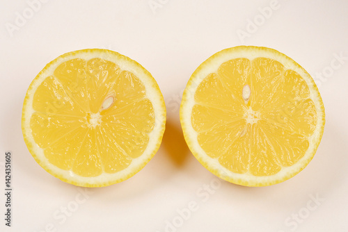 Obraz na płótnie Two halves of a bright yellow lemon are positioned side-by-side on a light surface, showcasing their juicy pulp and segments w salonie