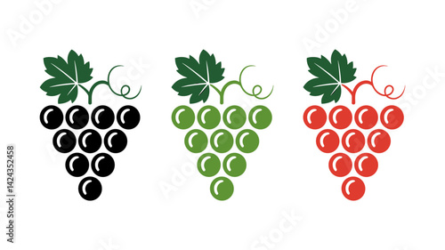 Grape Icons Set: A set of three stylized grape icons in black, green, and red, perfect for wine labels, vineyard branding, or any project related to viticulture.  