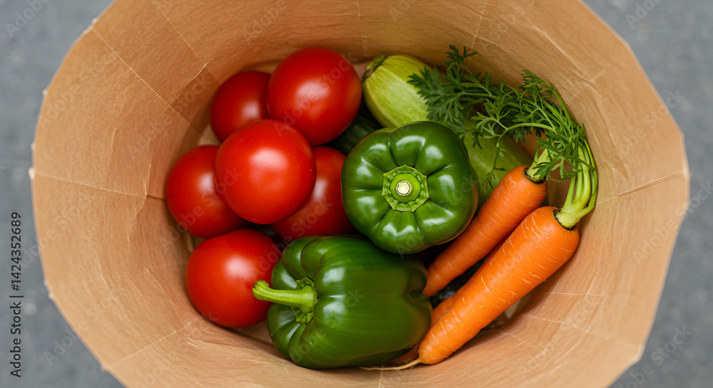 Freshly Picked Vegetables in a Brown Paper Bag Still Life Top View Freshly Picked Vegetables in a Brown Paper Bag Still Life Top View