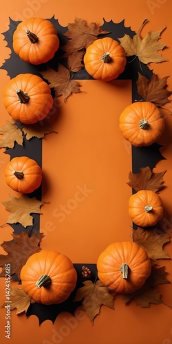 Halloween Flat Lay with Pumpkins, and Autumn Leaves on Orange Background.