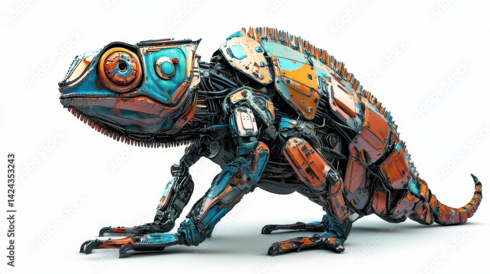 Fototapeta premium A vibrant, steampunk chameleon robot with intricate mechanical details.