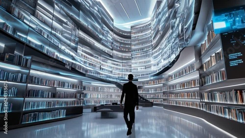Futuristic library showcases cutting-edge design and extensive book collections with modern technology