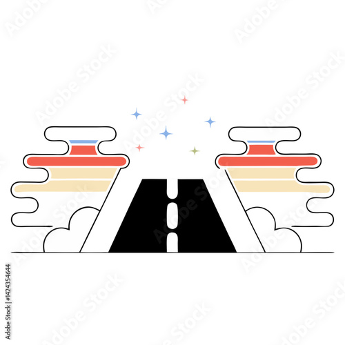 A magical journey begins, a road to dreams unfolding between pastel clouds and twinkling stars, simple line art style.