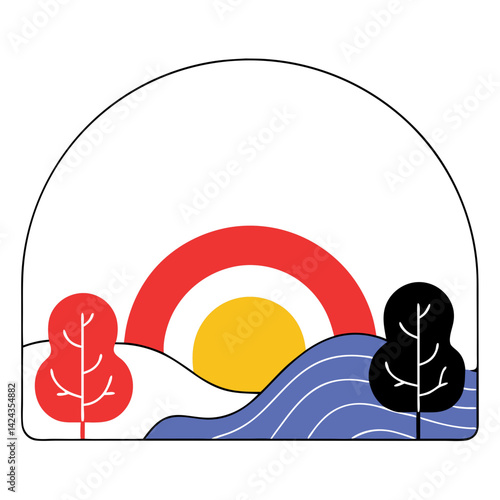 A serene sunset landscape featuring stylized trees and a vibrant sun, presented in a minimalist arched frame with bold colors and simple lines.