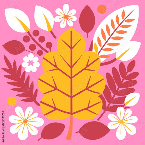 A vibrant autumnal leaf centerpiece surrounded by cheerful flowers and foliage in a playful pink background.