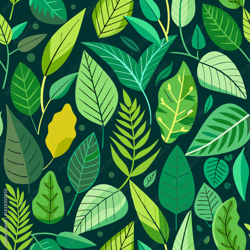 Lush green leaves in a vibrant summer garden, a joyful celebration of nature's beauty with stylized flat design and dark background. Lush green leaves in a vibrant summer garden, a joyful celebration of nature's beauty with stylized flat design and dark background.