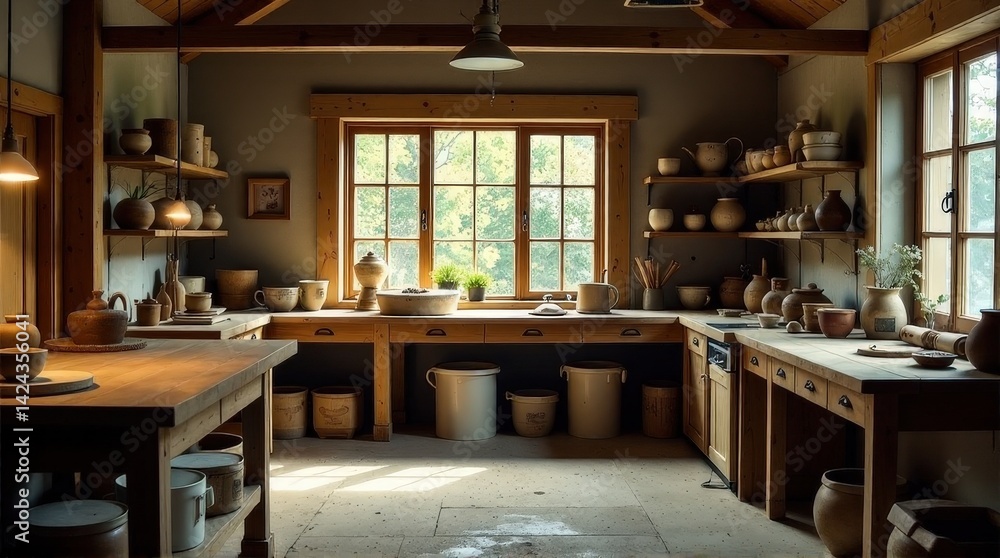 Obraz premium Cozy rustic kitchen with wooden shelves and sunlit windows.