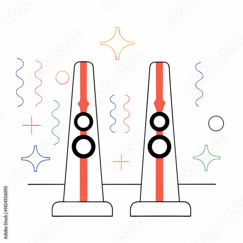 Twin celebratory towers reaching for the sky amidst a joyful confetti explosion, simple line art with bold colors.