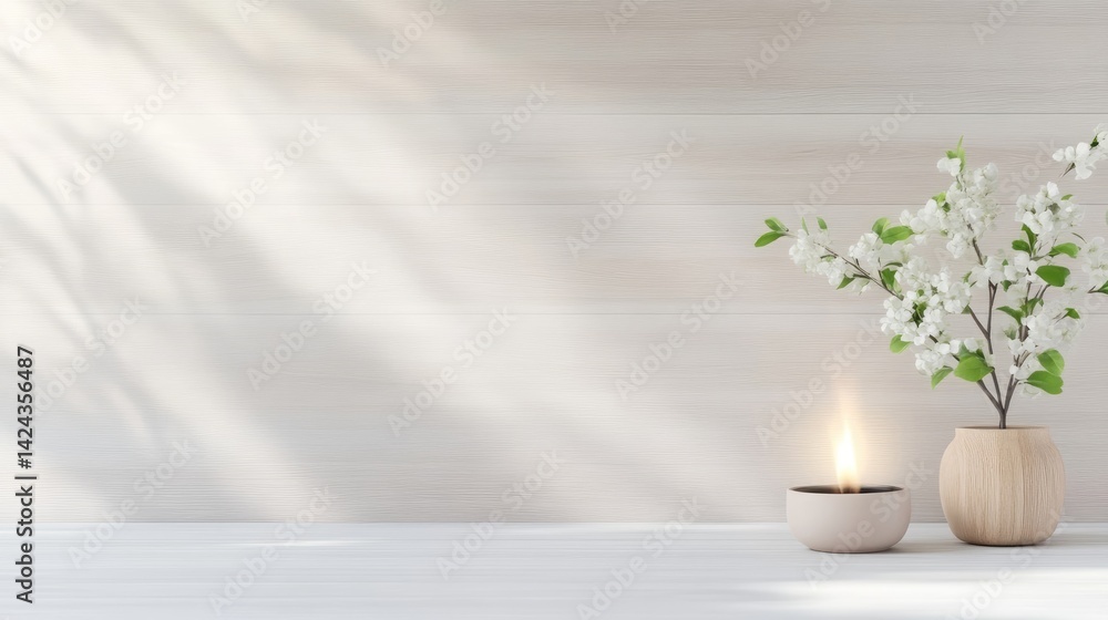 Fototapeta premium Serene Candle with Blossoms Minimalist Style Soft Lighting Wide Angle Natural Textures Peaceful Scene Light Wooden Background Soft White Tones Perfect for Spa Marketing
