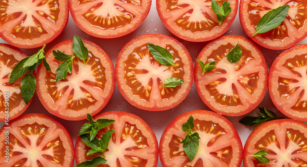 Fresh Tomato Slices And Basil Leaves Laid Flat On A White Background Fresh Tomato Slices And Basil Leaves Laid Flat On A White Background