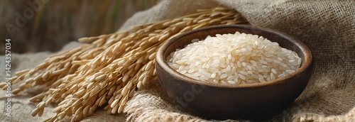 A bowl of uncooked rice sits on burlap near fresh rice stalks, showcasing the harvest