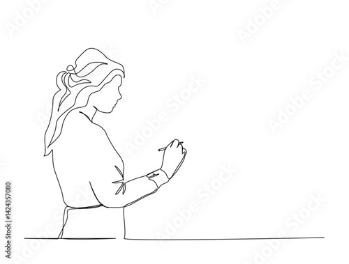 Woman writing on the whiteboard in single line draw illustration. Continuous one line drawing of teacher writing in blank space. Editable stroke.