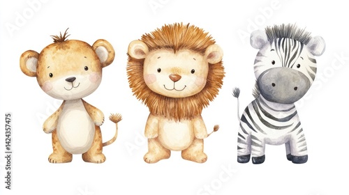 Cute lion cub, lion, zebra watercolor illustration, safari animals, children's book