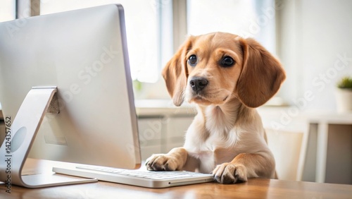 Take Your Dog to Work Day A beagle puppy curiously types on a computer keyboard at a desk.