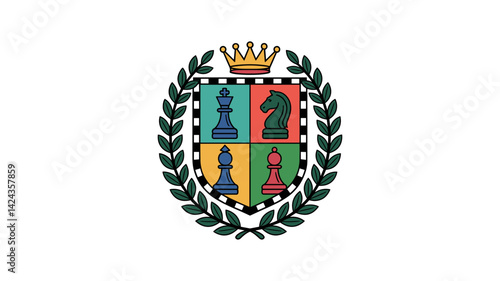 Chess Club Crest: A stylized crest symbolizing intellect and strategy. Featuring a chess piece emblem, framed by laurel leaves and topped with a regal crown, ready for usage as a symbol.