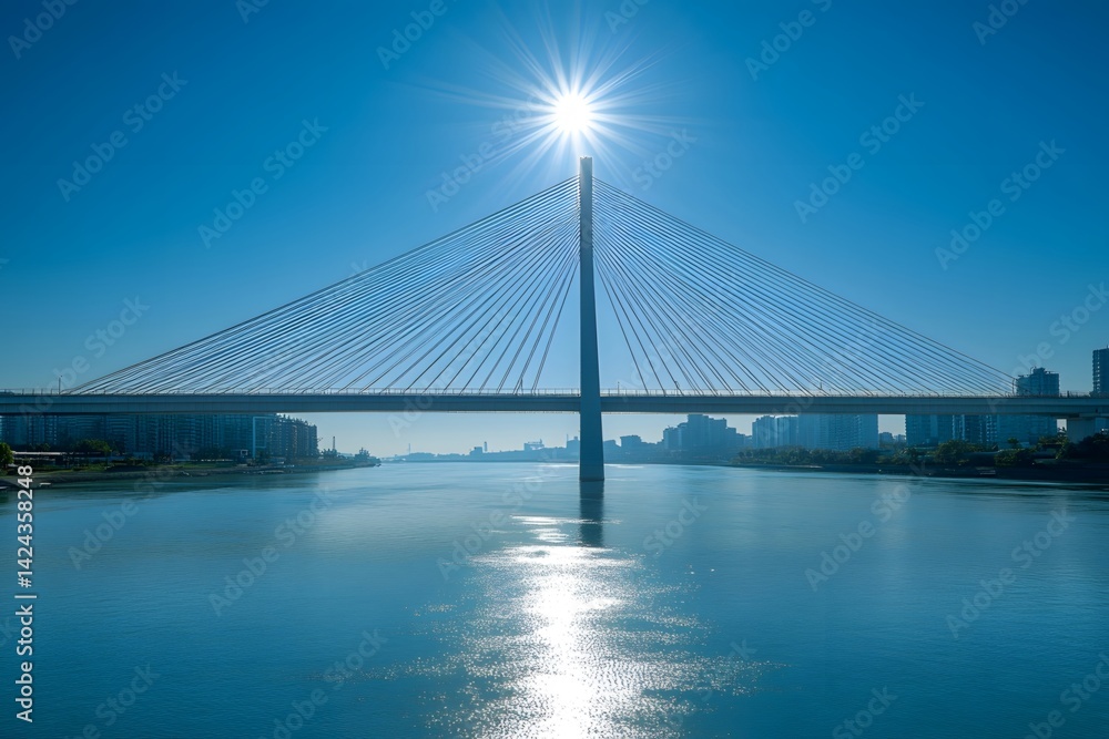 Obraz premium The cable-stayed bridge under the sunshine and the reflection of the city