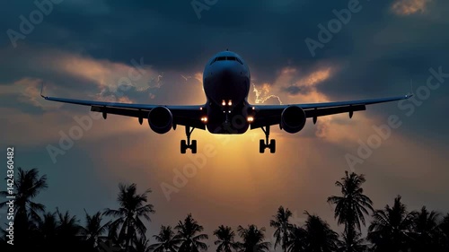 An airplane coming in for a landing at sunset.