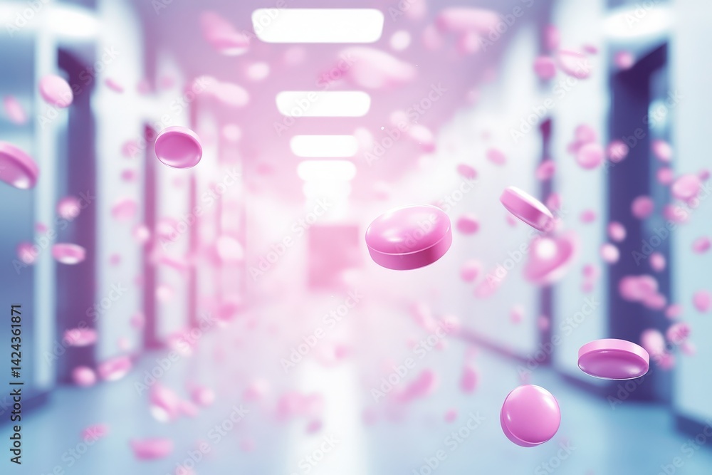 Pink pills float through a hospital corridor. Pink pills float through a hospital corridor.