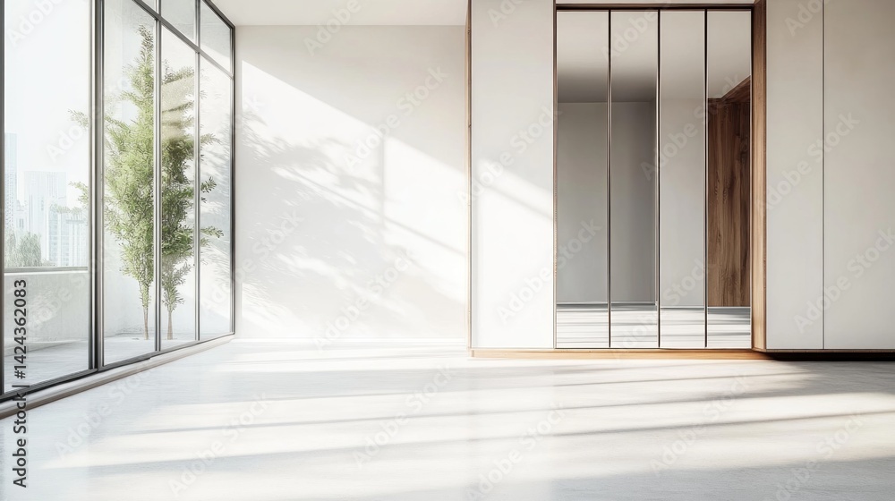 Fototapeta premium Bright, modern, empty room with large windows, showcasing natural light and minimalist design