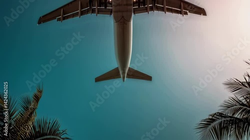 A silhouetted plane flying overhead with palm tree and the sun shining.