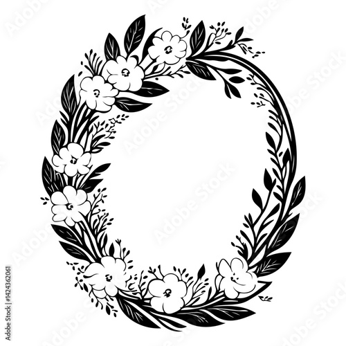 Elegant Floral Wreath Frame in Black and White