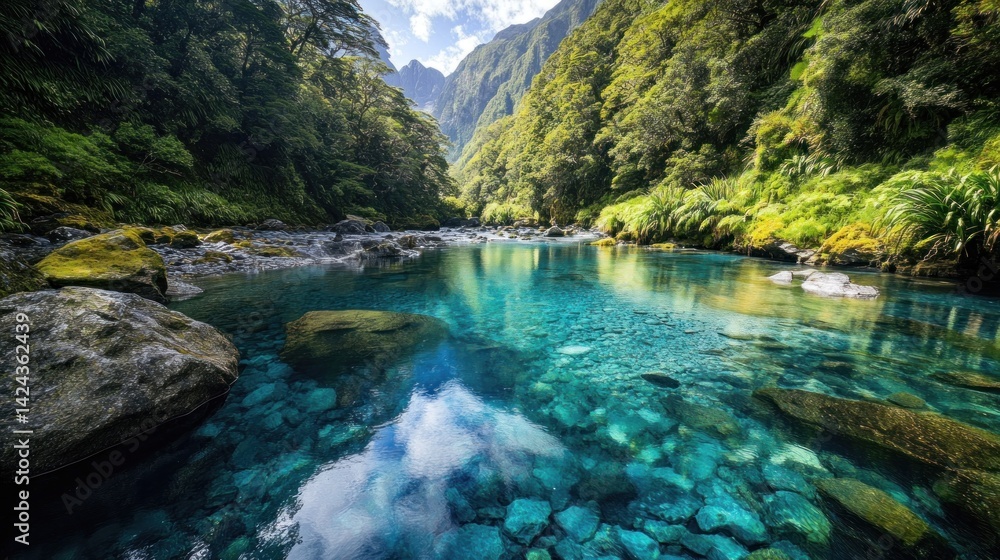 Crystal Clear River in Lush Green Valley Crystal Clear River in Lush Green Valley