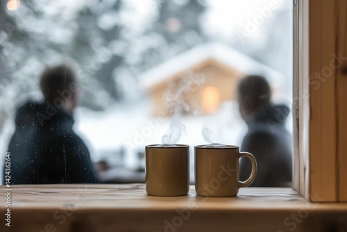 Two steaming mugs of hot beverage on wooden surface near a window with a snowy winter landscape and blurred figures.