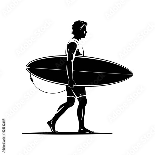 Surfer Silhouette: A strong silhouette of a surfer carrying a surfboard, ready for the waves. The contrast enhances the power and determination.