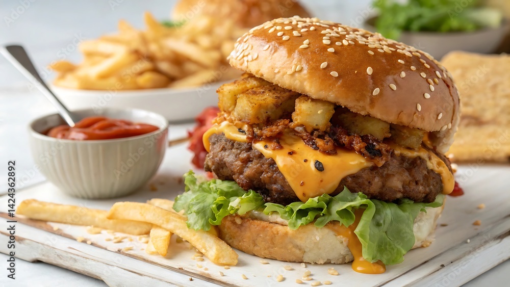 Homemade Cheeseburger with Fresh Lettuce and Toppings Homemade Cheeseburger with Fresh Lettuce and Toppings