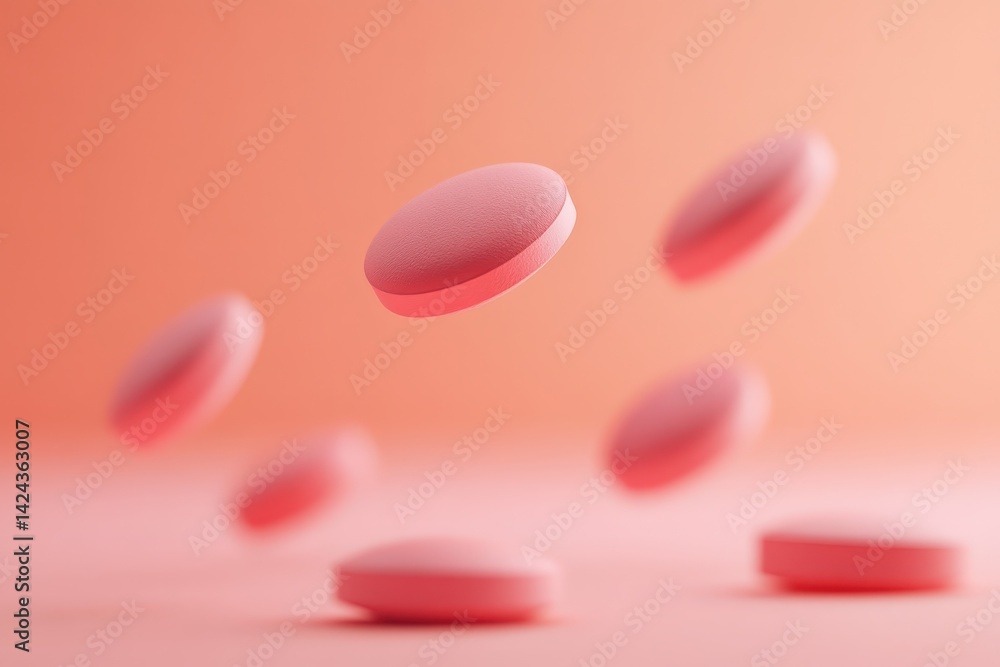 Pink pills suspended in mid-air against a soft peach backdrop. Pink pills suspended in mid-air against a soft peach backdrop.