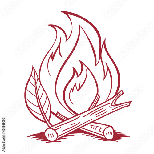 Red campfire illustration with logs and leaf