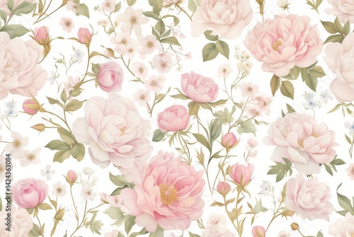 A seamless pattern of pink peonies and wild flowers painted in watercolor