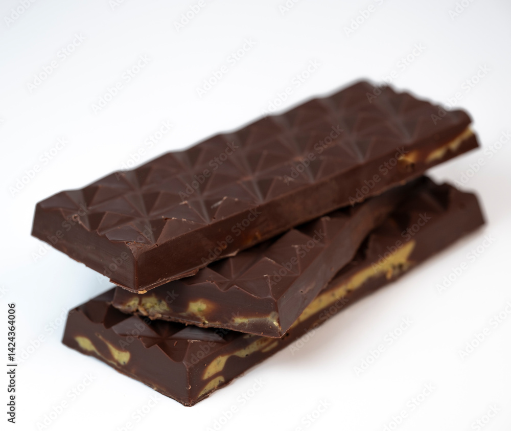 Stacked layers of kadaif embrace a generous coating of rich chocolate and are topped with a pistachio, showcasing the delightful texture and flavors in a culinary presentation. Stacked layers of kadaif embrace a generous coating of rich chocolate and are topped with a pistachio, showcasing the delightful texture and flavors in a culinary presentation.