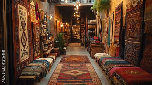 Wallpaper Mural Narrow rug shop aisle with colorful handwoven carpets, warm ambient lighting Torontodigital.ca