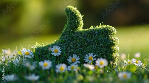 A green thumbs up made of grass surrounded by daisies in a field under a bright sunny day outdoors