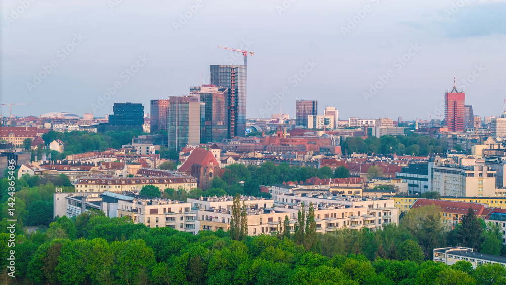 Naklejka premium Cityscape of Poznan, Greater Poland, Poland — aerial top view of at morning