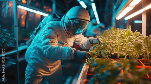 Fototapeta Naklejka Na Ścianę i Meble -  Astronauts working in greenhouse cultivating plants on space station. Futuristic hydroponic agriculture with lush green vegetation inside glass biodome. Space farming and sustainability concept. 