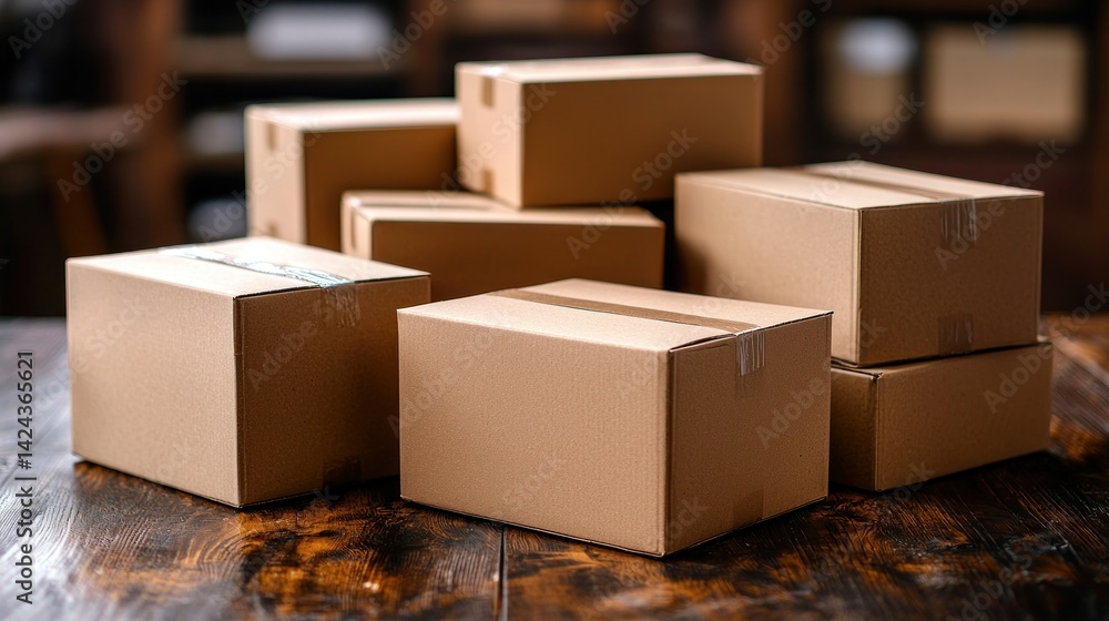 Fototapeta premium Stack of cardboard boxes on dark wooden surface