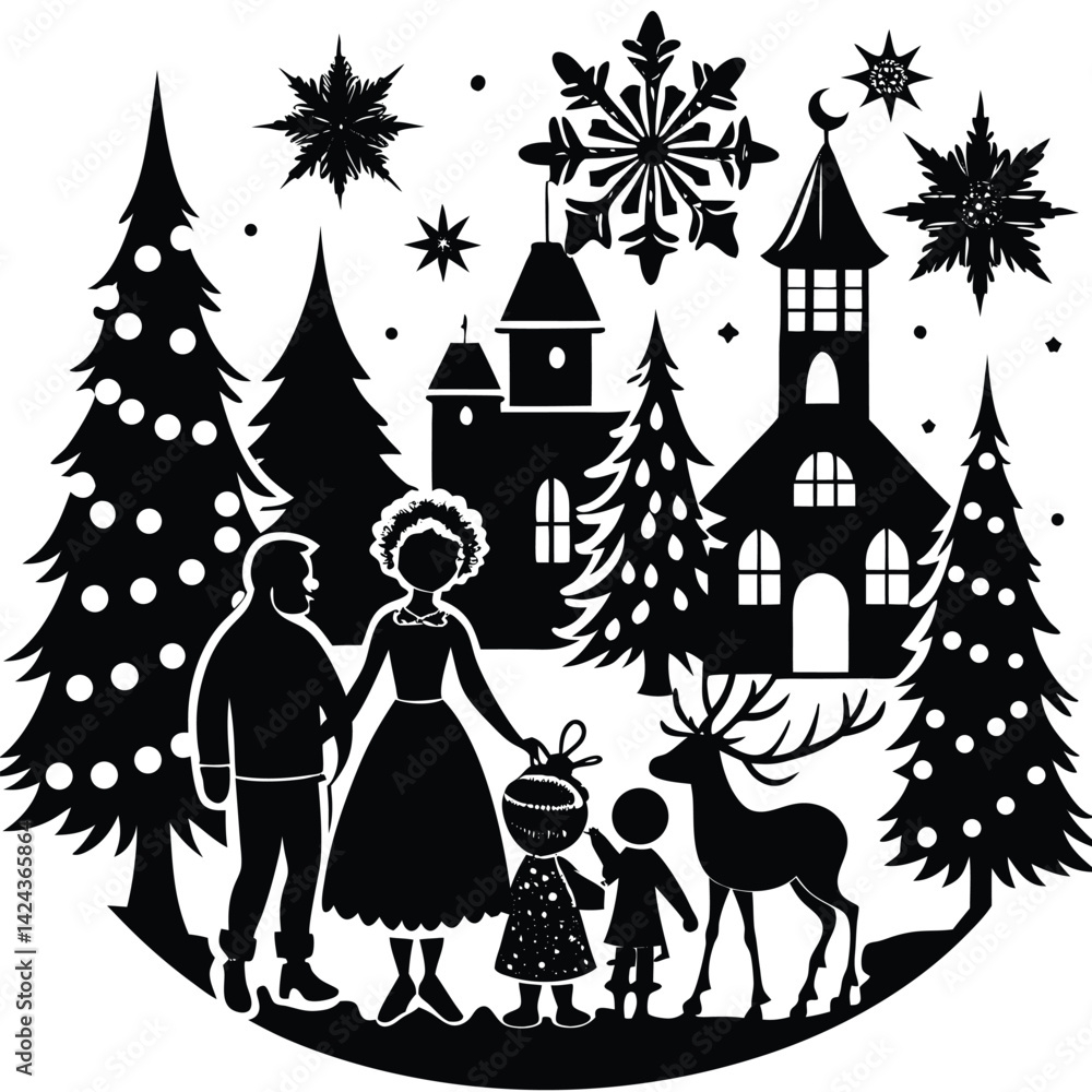 Fototapeta premium Silhouette Family Christmas Scene with Reindeer and Church