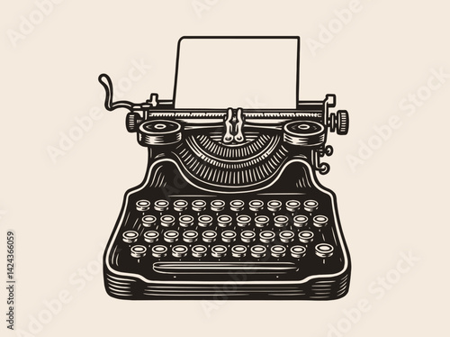 Typewriter with paper. Vintage engraving style vector illustration
